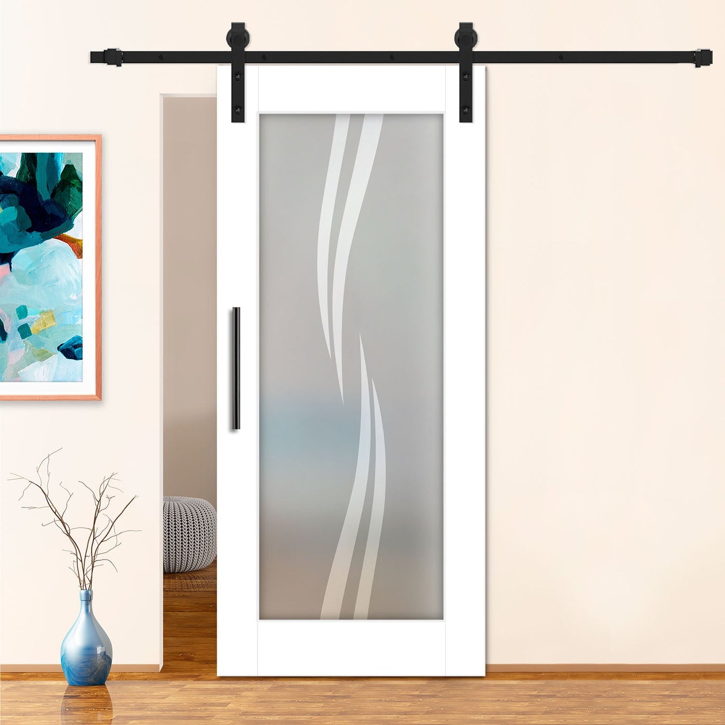 36" x 81" White Sliding Wooden Barn Door with Frosted Glass Insert - 1512 - DoorDiscounter