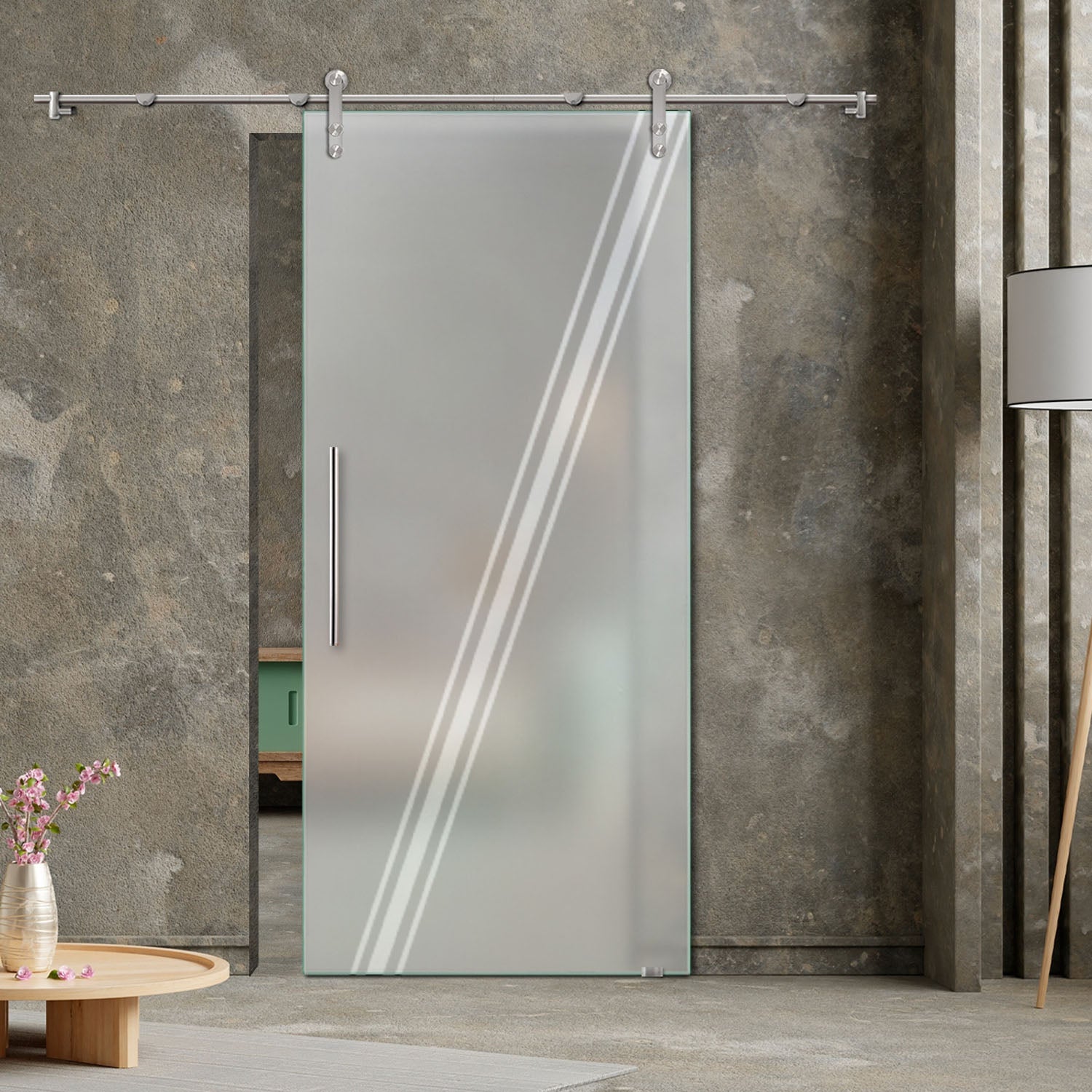 26" x 84" Frosted Design Sliding Glass Barn Door V1000 | Full-Private - 1511 - DoorDiscounter