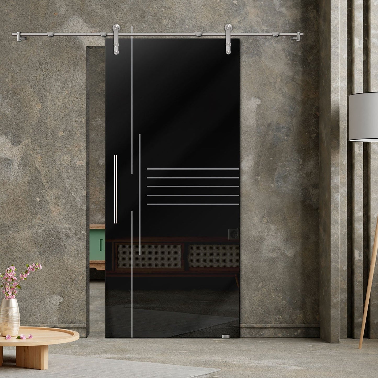 47" x 84" Black Painted Frameless Glass SlidingBarn Door V1000 | Full-Private - 1503 - DoorDiscounter