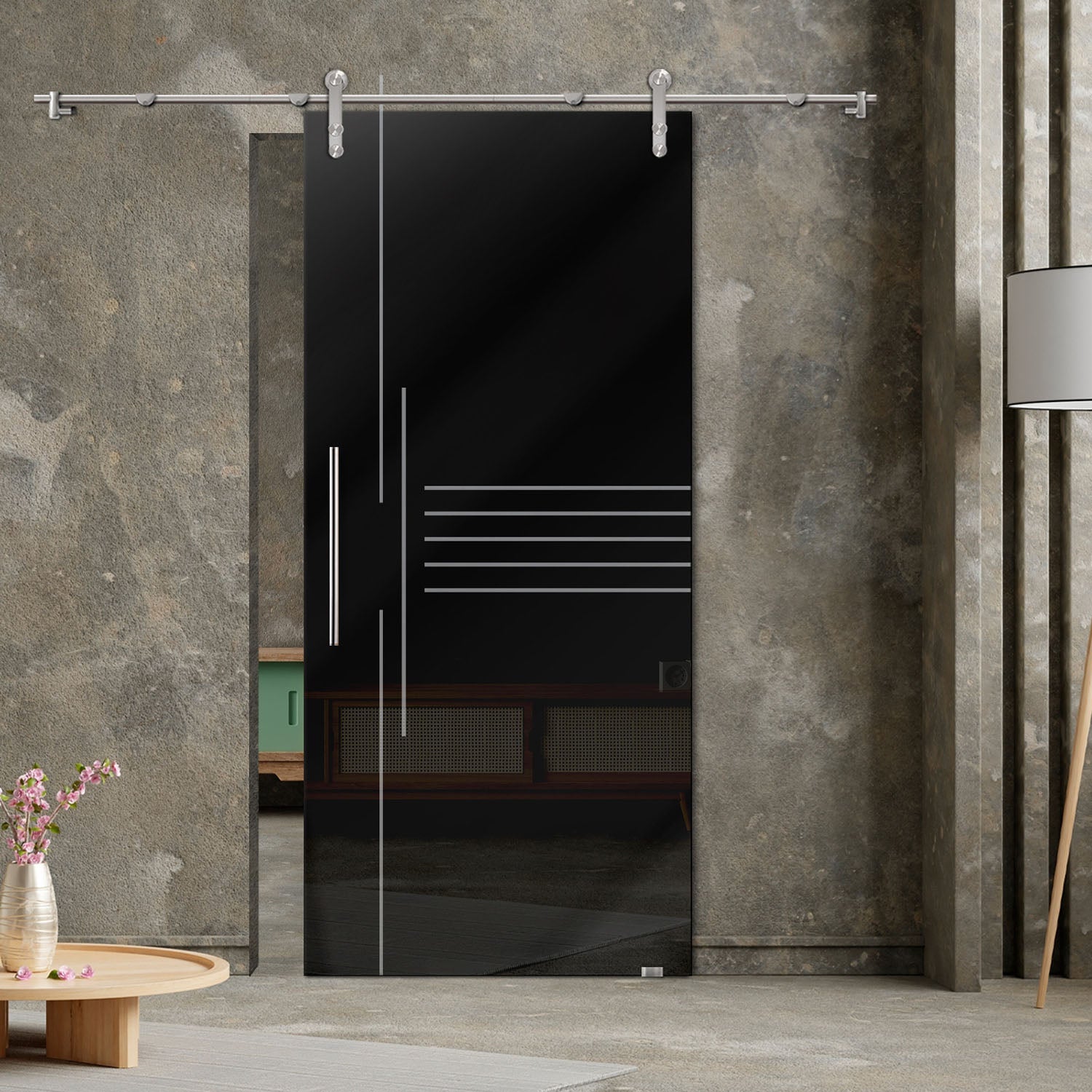 47" x 84" Black Painted Frameless Glass SlidingBarn Door V1000 | Full-Private - 1503 - DoorDiscounter