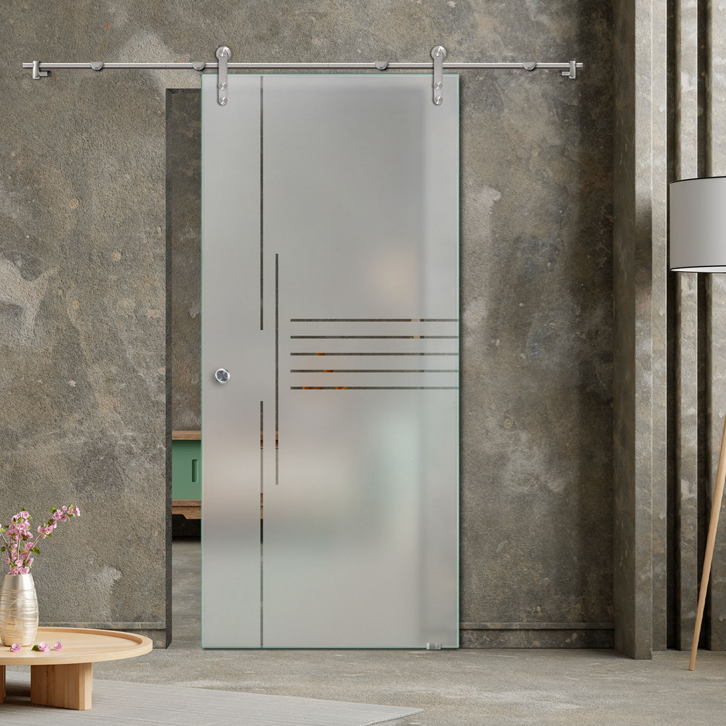 42" x 97" Frosted Design Sliding Glass Barn Door V1000 | Semi-Private - 1591 - DoorDiscounter