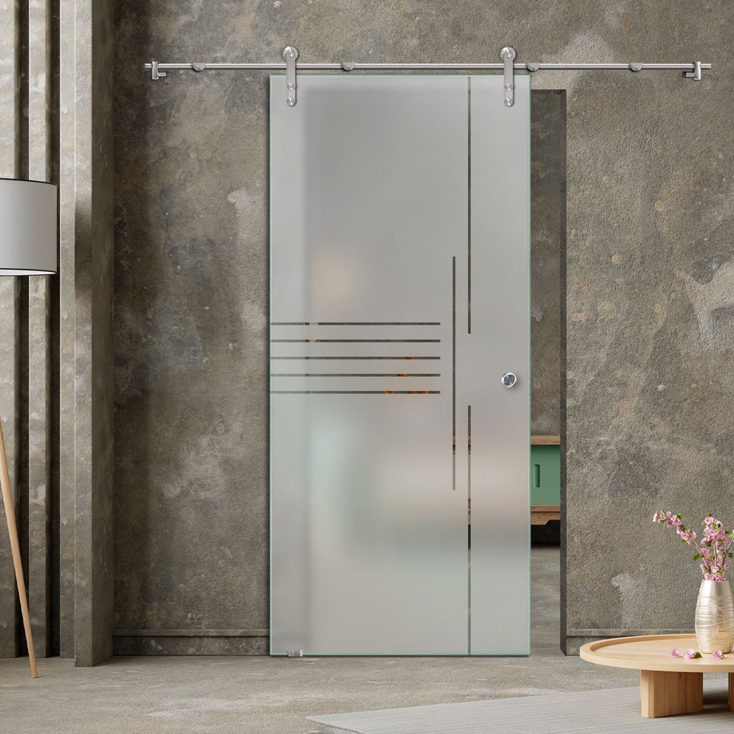 42" x 97" Frosted Design Sliding Glass Barn Door V1000 | Semi-Private - 1573 - DoorDiscounter