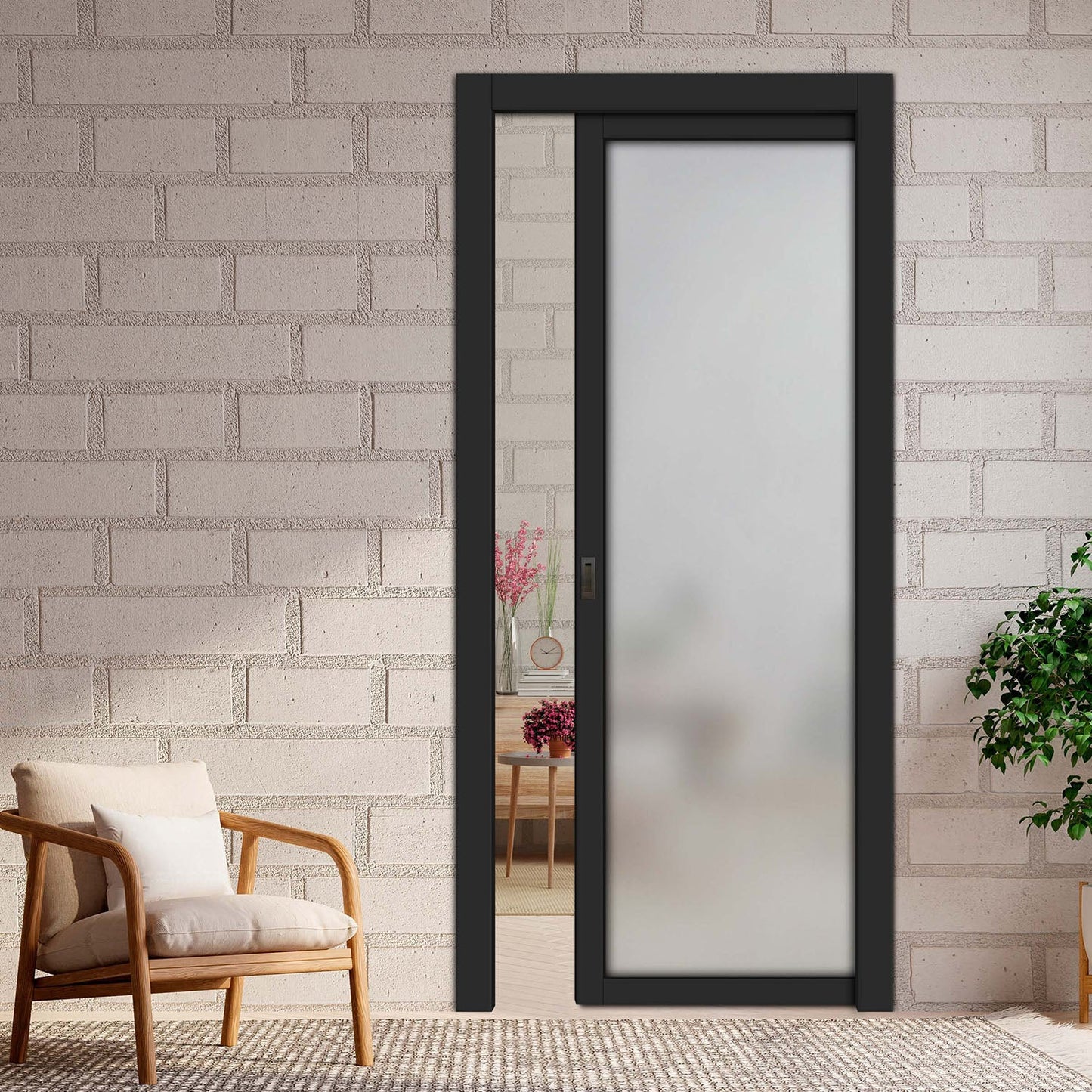 24" x 80" Industrial Style Wooden Pocket Door with 1 Sandblasted Glass Panel - 1455 - DoorDiscounter