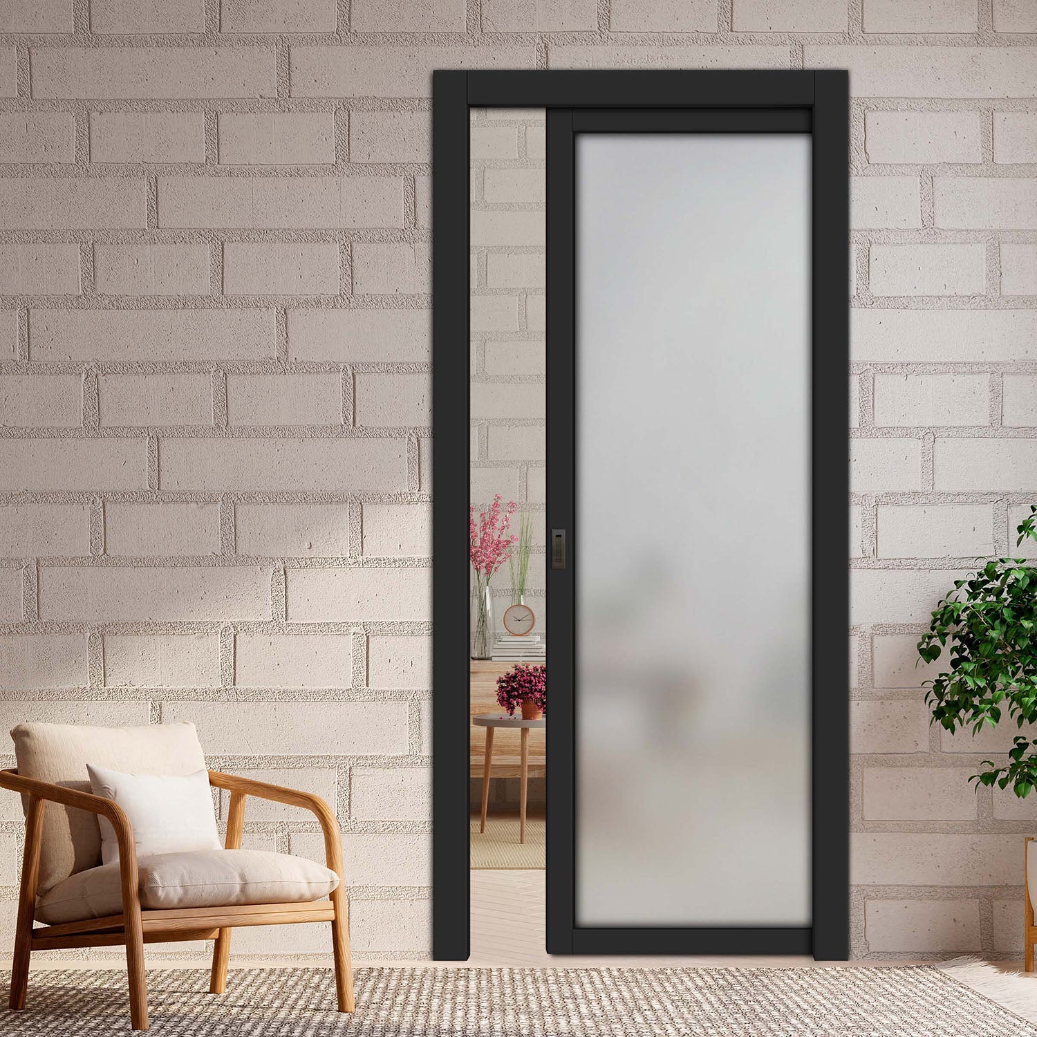 24" x 80" Industrial Style Wooden Pocket Door with 1 Sandblasted Glass Panel - 1455 - DoorDiscounter