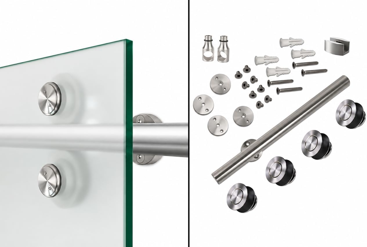 30" x 80" Modern Frameless Clear Glass Sliding Barn Door with Exclusive Stainless Steel Hardware + T-Handle Bar