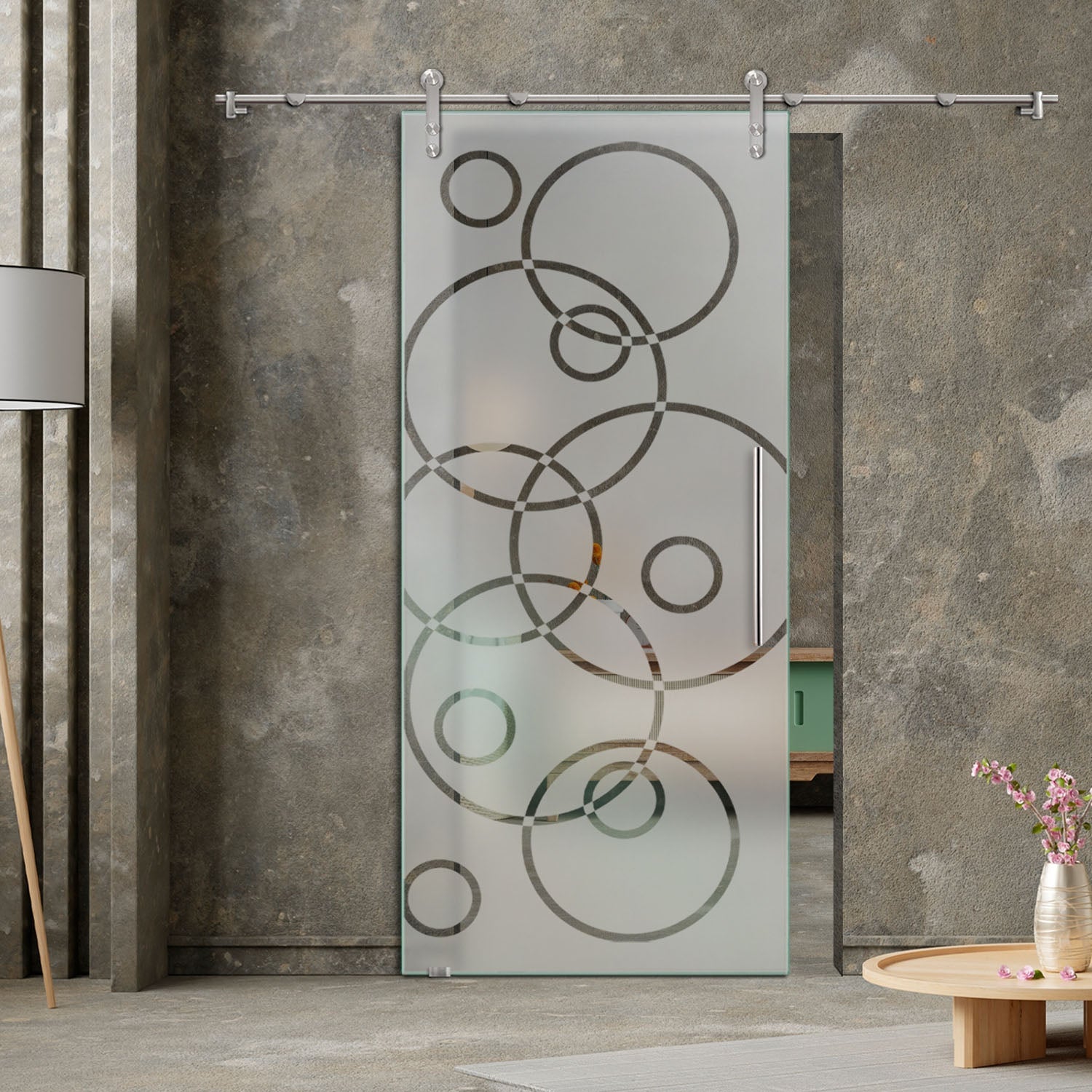 34" x 81" Frosted Design Sliding Glass Barn Door V1000 | Semi-Private - 1492 - DoorDiscounter