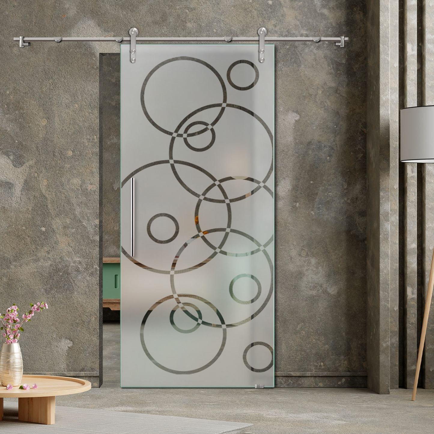 34" x 81" Frosted Design Sliding Glass Barn Door V1000 | Semi-Private - 1545 - DoorDiscounter