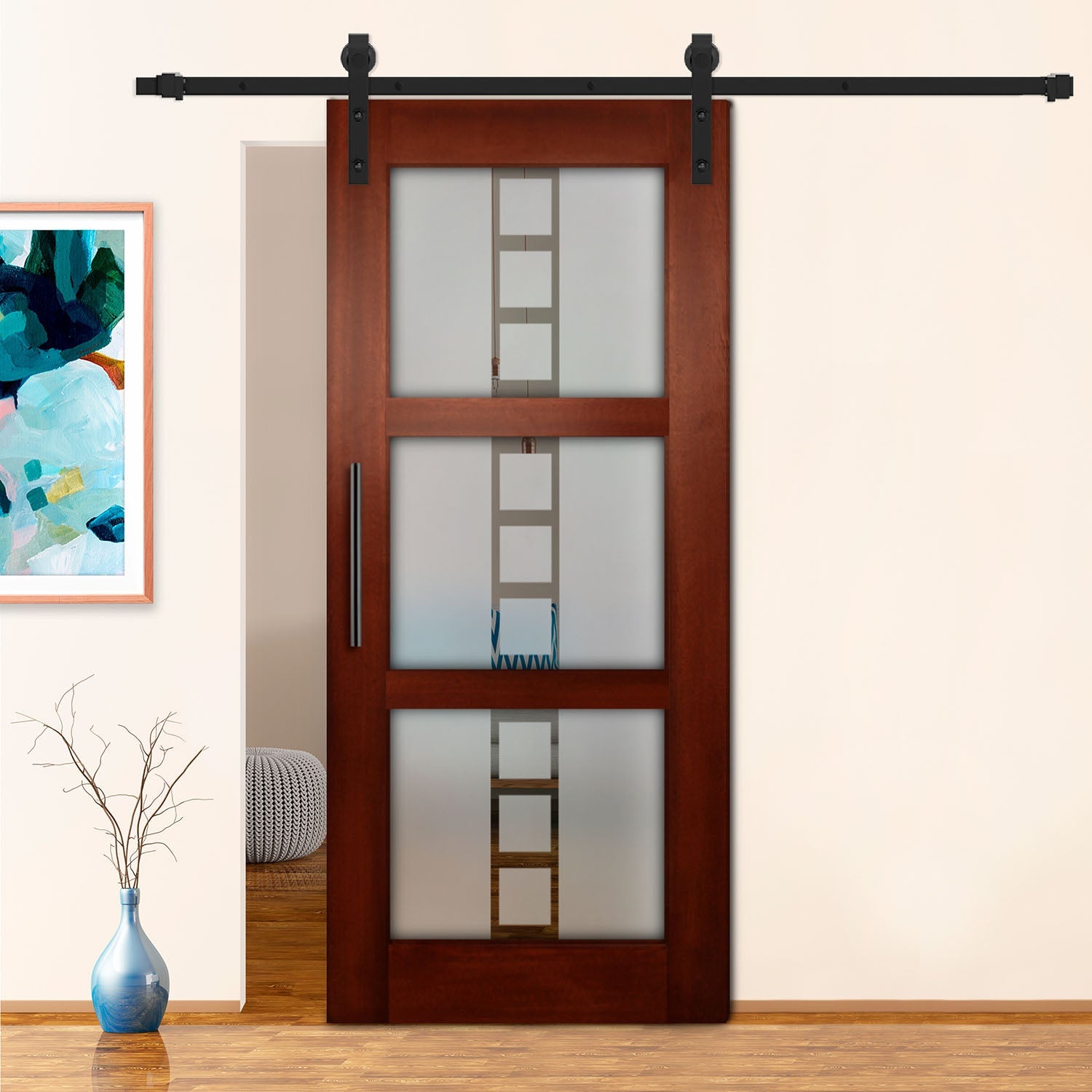 32" x 84" 3 Lite Mahogany Sliding Barn Door with Clear Glass Inserts - 1571 - DoorDiscounter
