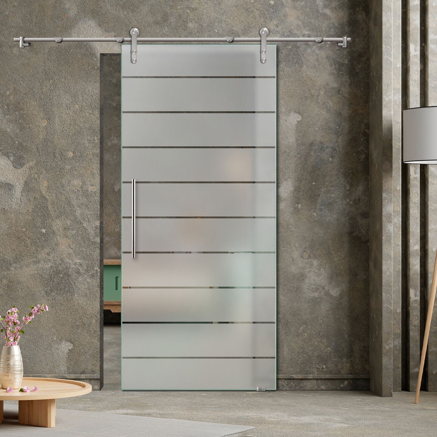32" x 81" Frosted Design Sliding Glass Barn Door V1000 | Semi-Private - 1584 - DoorDiscounter