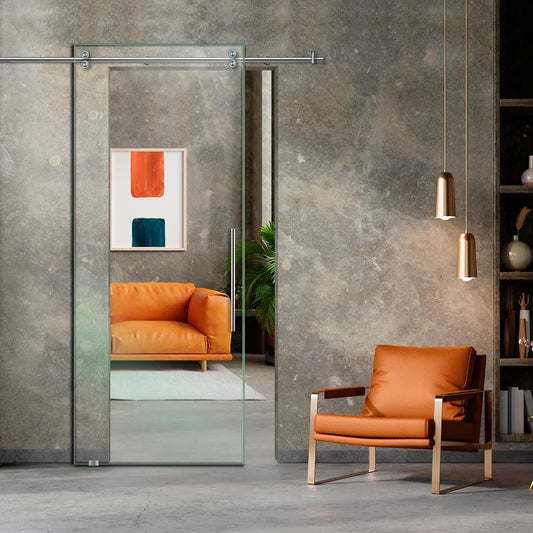 30" x 80" Modern Frameless Clear Glass Sliding Barn Door with Exclusive Stainless Steel Hardware + T-Handle Bar