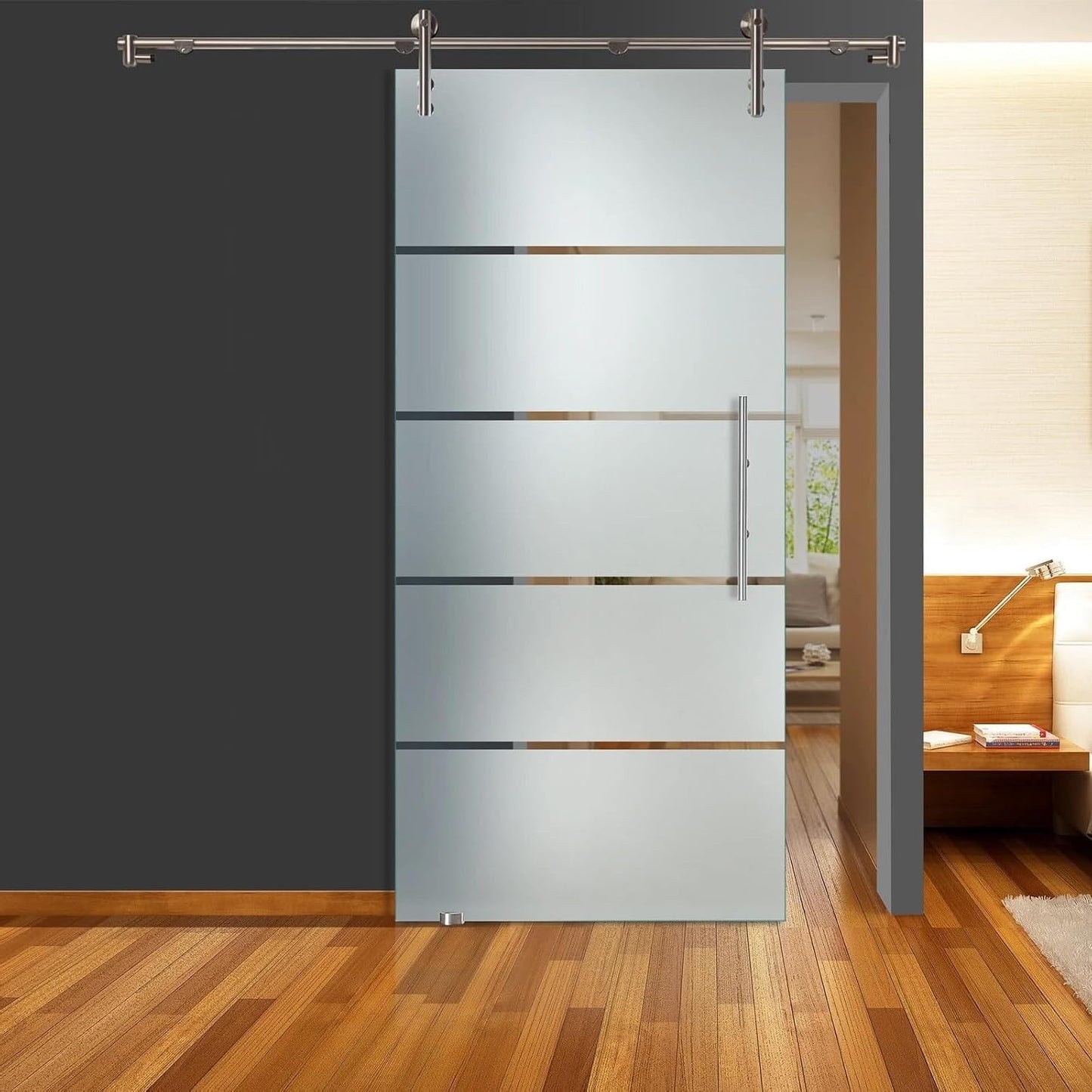 47" x 82" Frameless Glass Sliding Barn Door + Frosted Design 4 Clear Stripes with Stainless Steel + T-Handle Bar