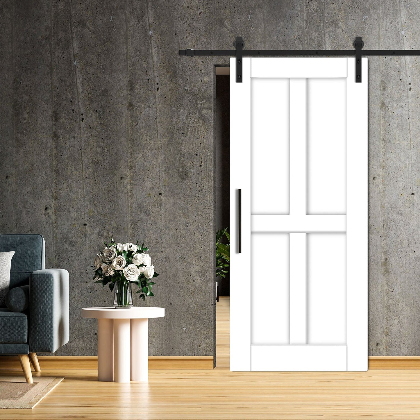 34" x 84" White 4 Vertical Panel Shaker Sliding Barn Door - DoorDiscounter