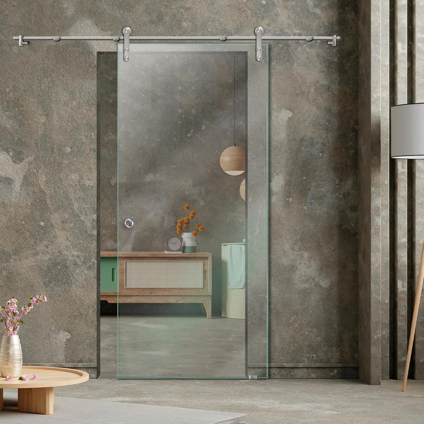 47" x 82" Frameless Clear Glass Sliding Barn Door with Stainless Steel  Hardware + Recessed Grip Handle