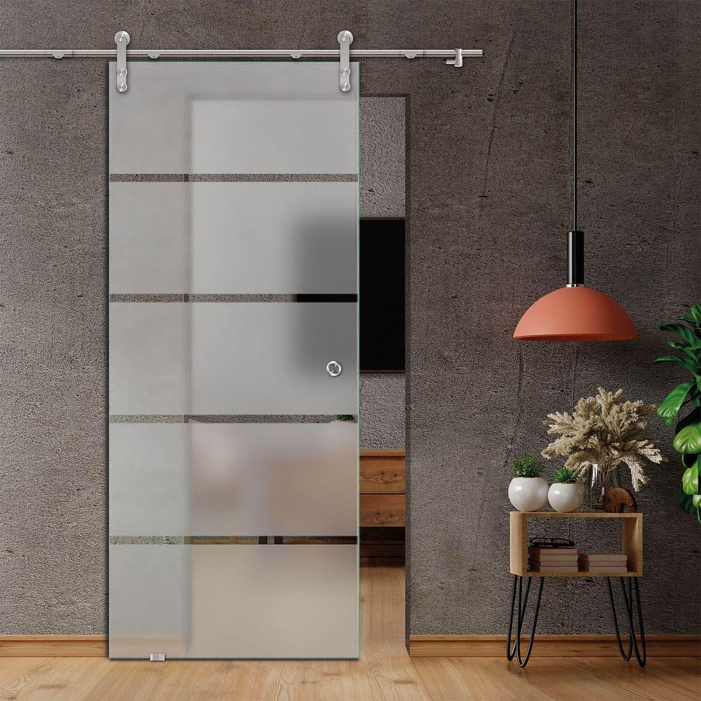 47" x 82" Frosted Frameless Glass Sliding Barn Door with 4 Clear Stripes +Stainless Steel + Recessed Grip Handle