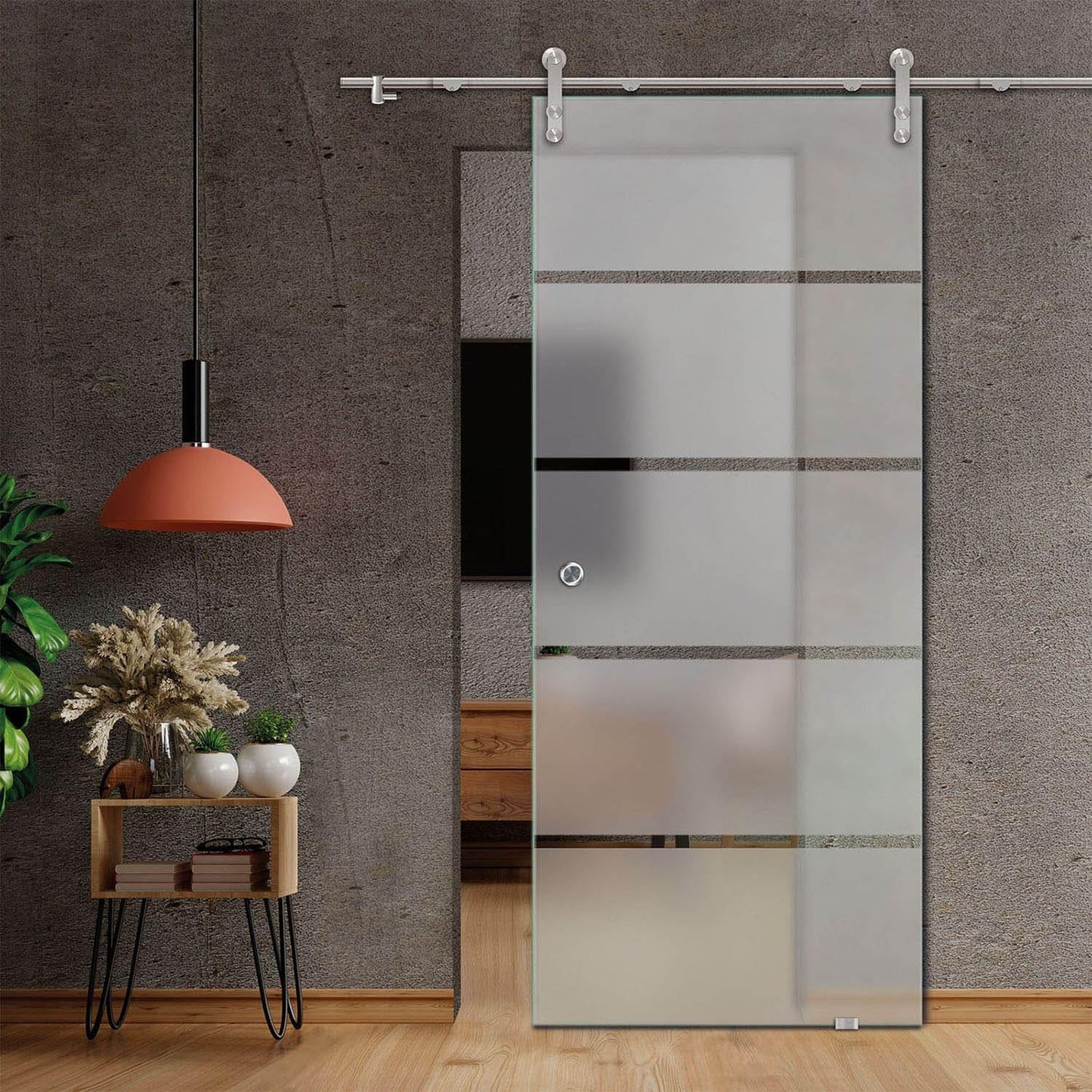 47" x 82" Frameless Frosted Glass Sliding Barn Door with 4 Clear Stripes +Stainless Steel + Recessed Grip Handle