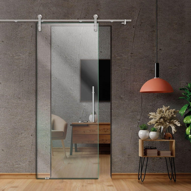 35" x 84" Frameless Clear Glass Sliding Barn Door with Stainless Steel Hardware + T-Handle Bar Handle