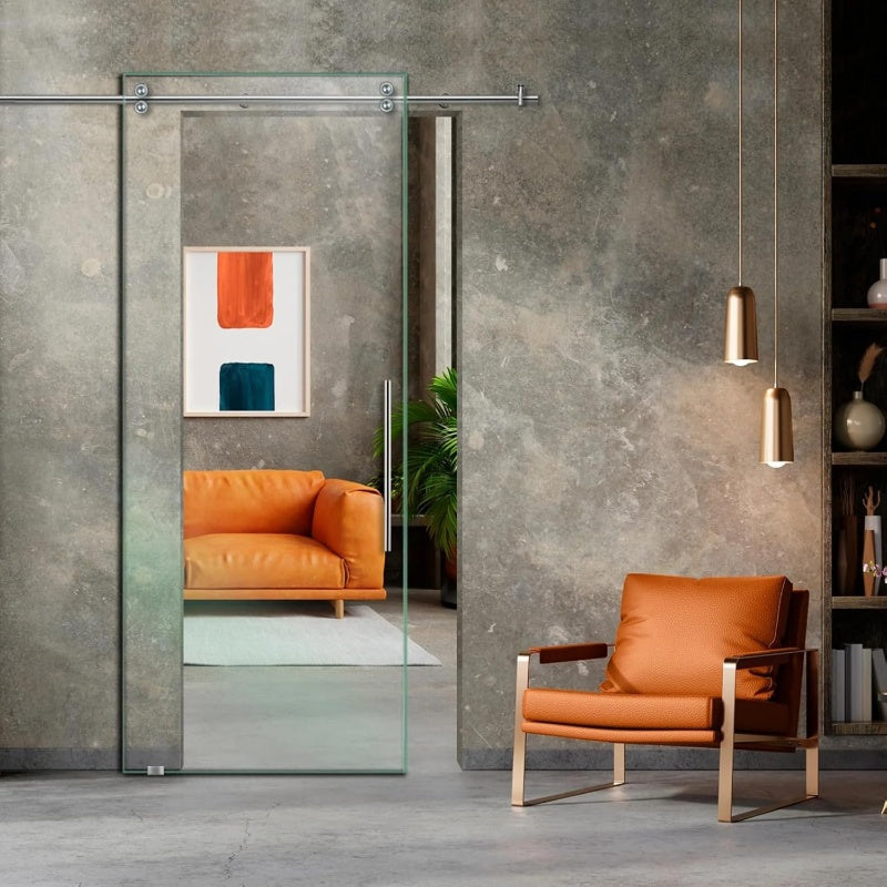 35" x 80" Modern Frameless Clear Glass Sliding Barn Door with Exclusive Stainless Steel Hardware + T-Handle Bar