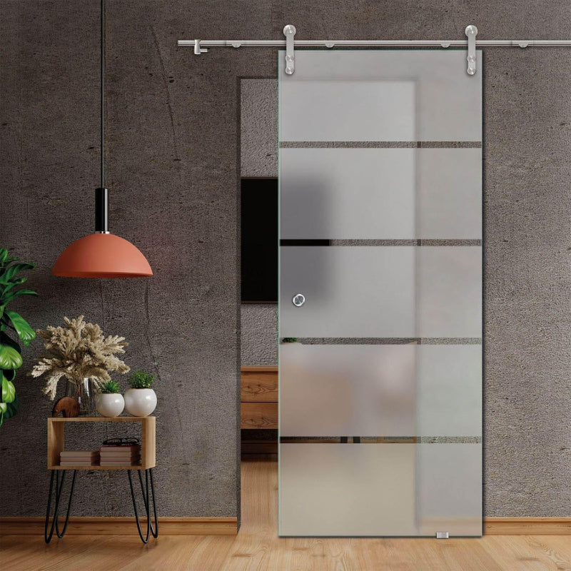 47" x 82" Frameless Frosted Glass Sliding Barn Door with 4 Clear Stripes +Stainless Steel + Recessed Grip Handle