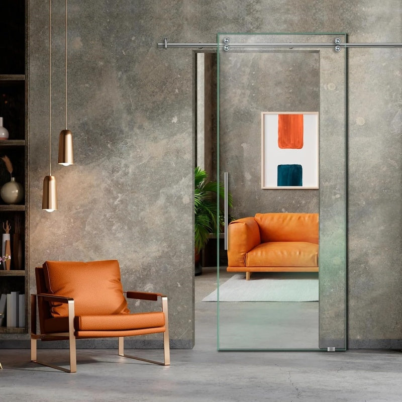 40" x 80" Frameless Clear Glass Sliding Barn Door with Modern Exclusive Stainless Steel Hardware + T-Handle Bar