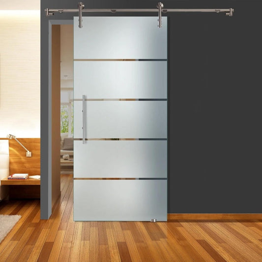 47" x 82" Frameless Frosted Glass Sliding Barn Door +  4 Clear Stripes with Stainless Steel + T-Handle Bar